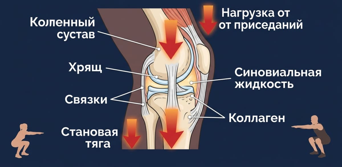Инфографика строения коленного сустава с указанием компрессионной нагрузки при силовых упражнениях — приседаниях и становой тяге